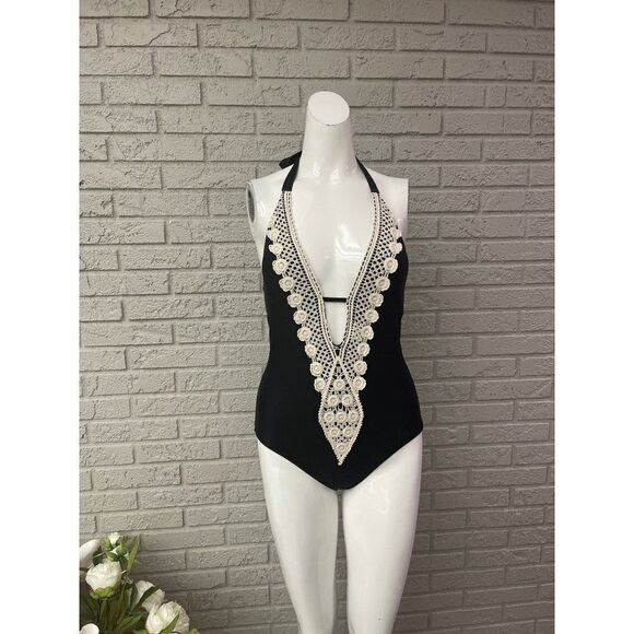 Kona Sol Black Crochet Necklace One Piece Swimsuit Size S - Picture 1 of 7